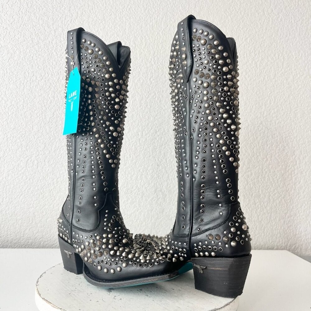 Lane DOLLY Cowboy Boots Black Studded Leather Western Tall Snip Toe Size 5